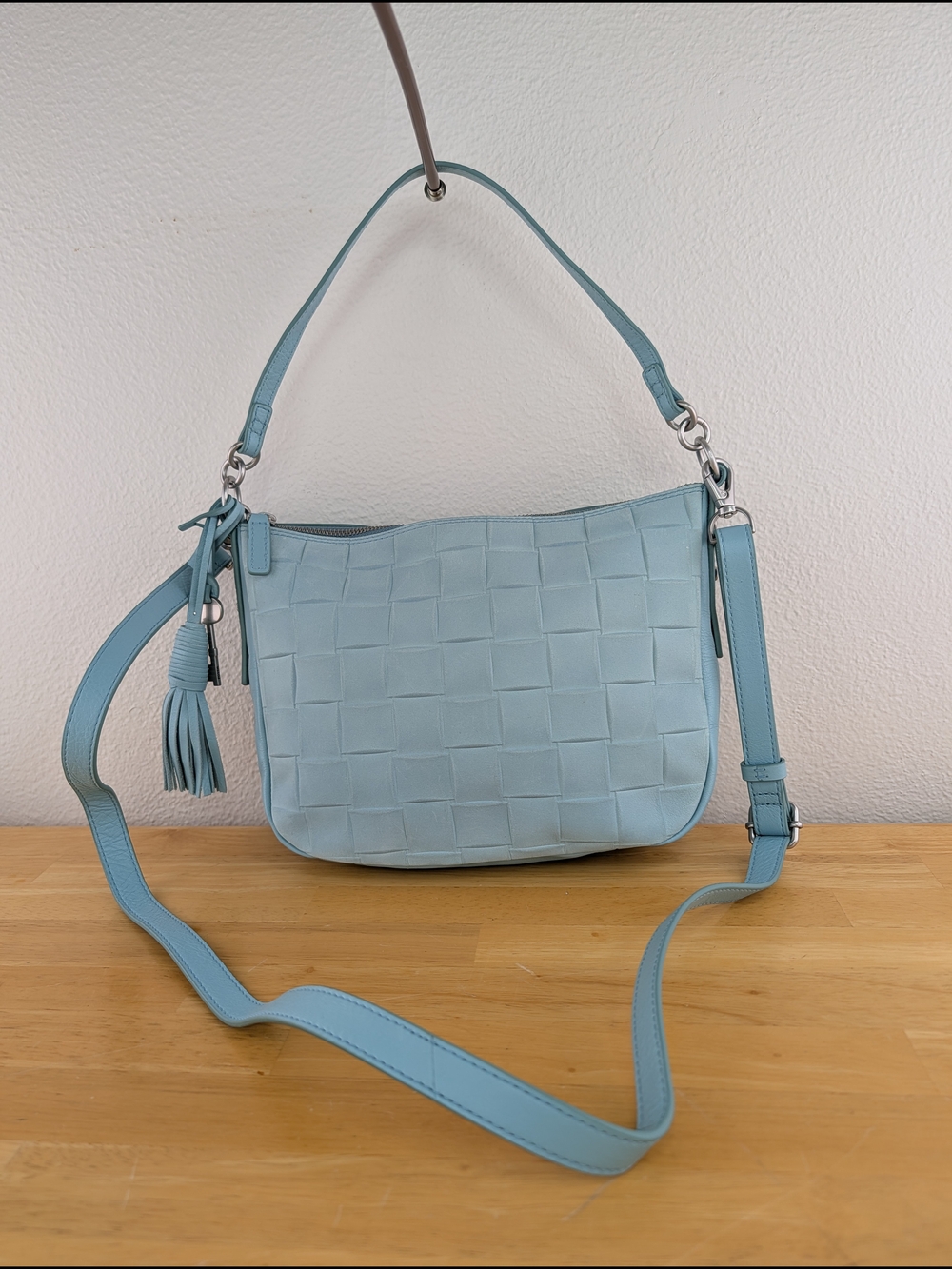 Fossil Jolie Blue Leather Shoulder Bag Woven Detail Tassel Charm Key Fob Silver